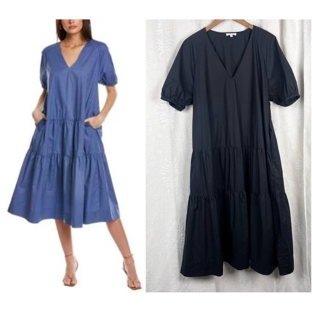 Johnny Was Calme black v-neck tiered midi dress puff sleeves pockets cotton M